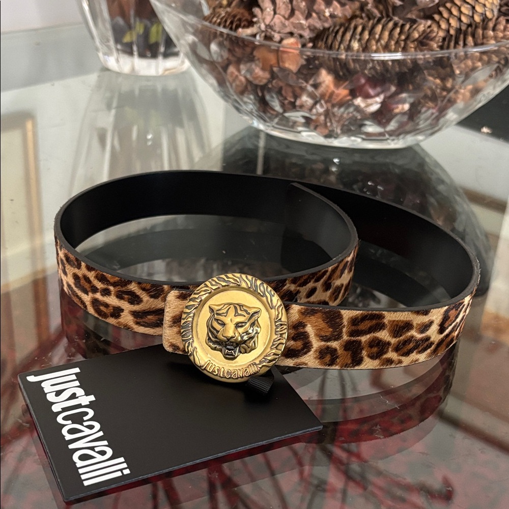 Just Cavalli Calf Hair Leopard Leather Reversible Belt – Size 70 EU / XS | NWT